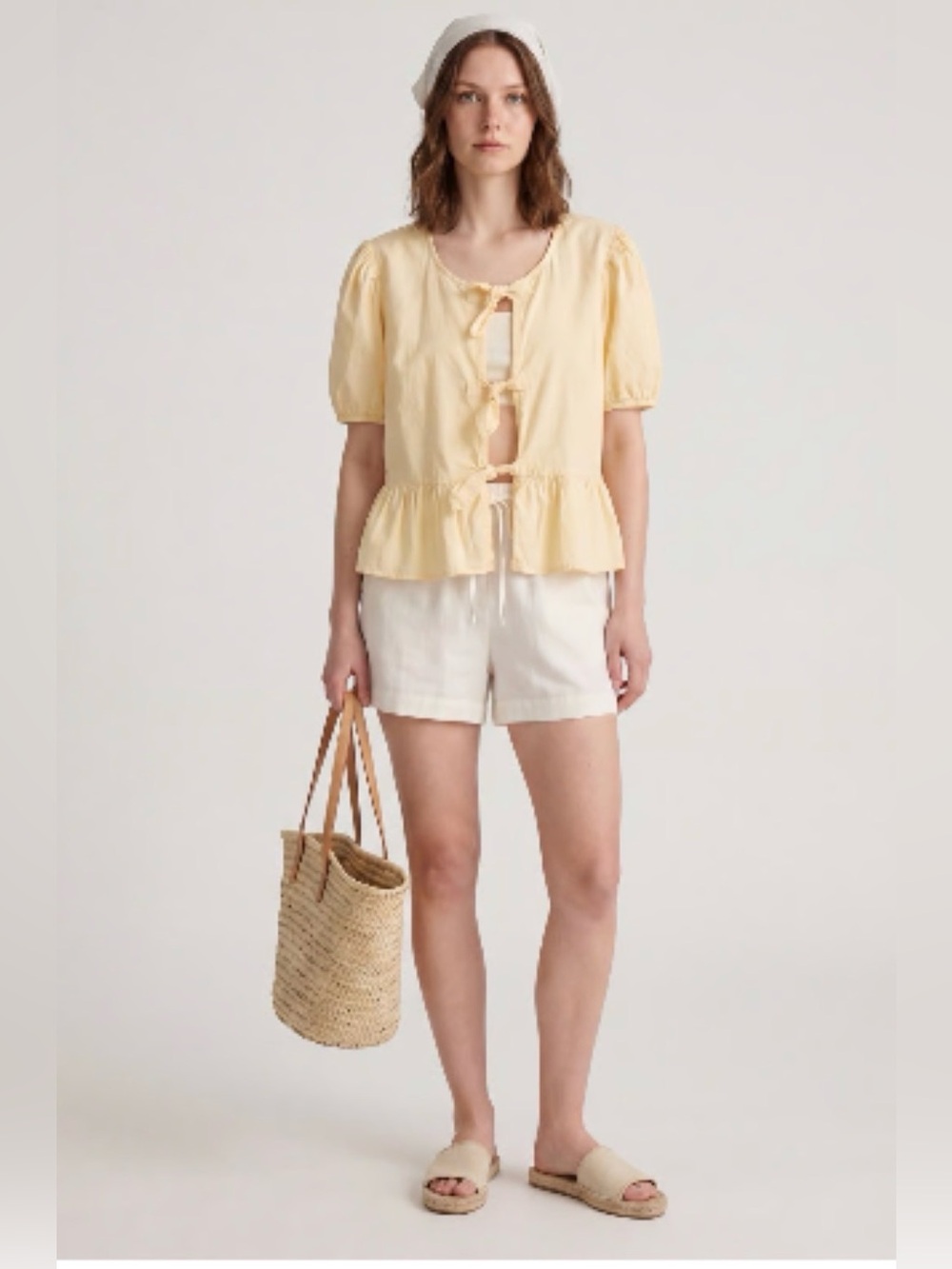 Women’s Pale Yellow Bow-Front Peplum Blouse
